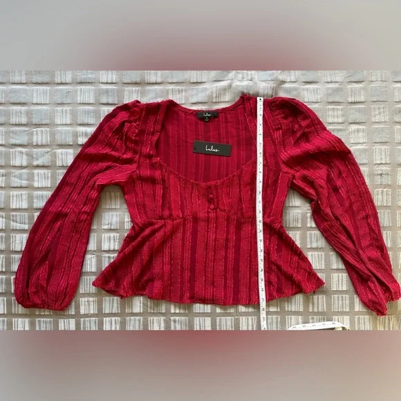 👗Lulu’s Spread the Cheer Wine Red Textured Square Neck Long Sleeve Top, size M - Picture 9 of 10